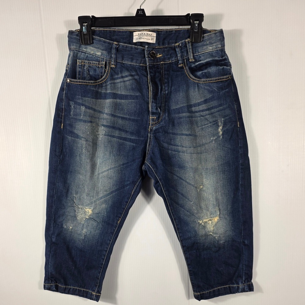 Zara Man Denim Collection 1975 Distressed Cropped Camo Pocket Jeans Blue 40 USA